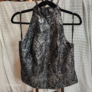 Vintage Michaelangelo Silver Metallic Floral Brocade Halter Mock Neck Top 90s 12